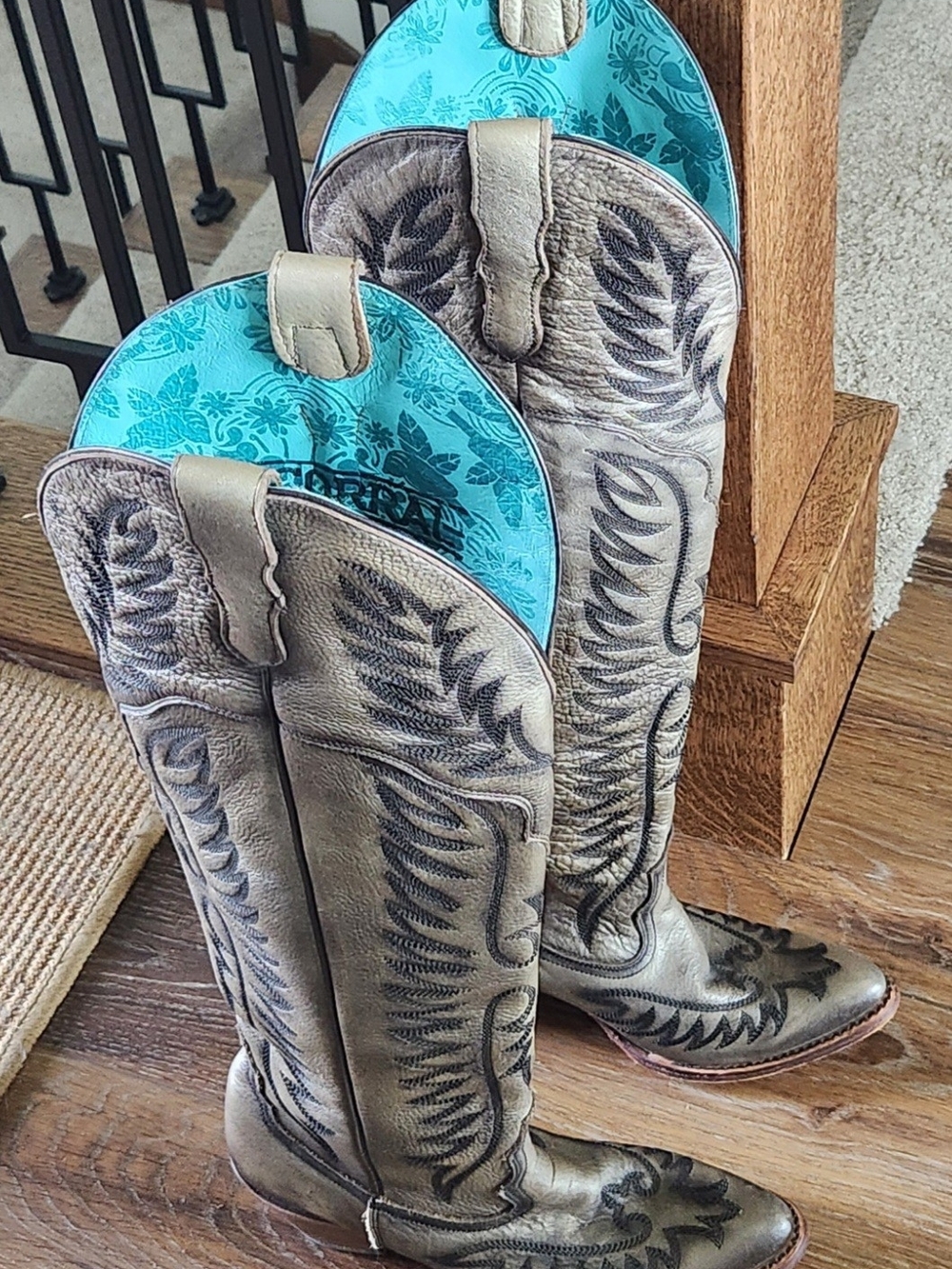 Taupe Embroidered Over-the-Knee Western Boots with Turquoise Lining